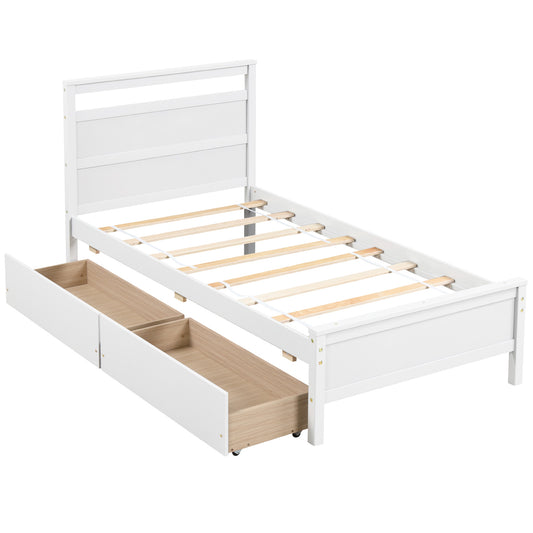 Twin Size Wooden Bed Frame with 2 Drawers for Teens and Adults-White Kids Crystal