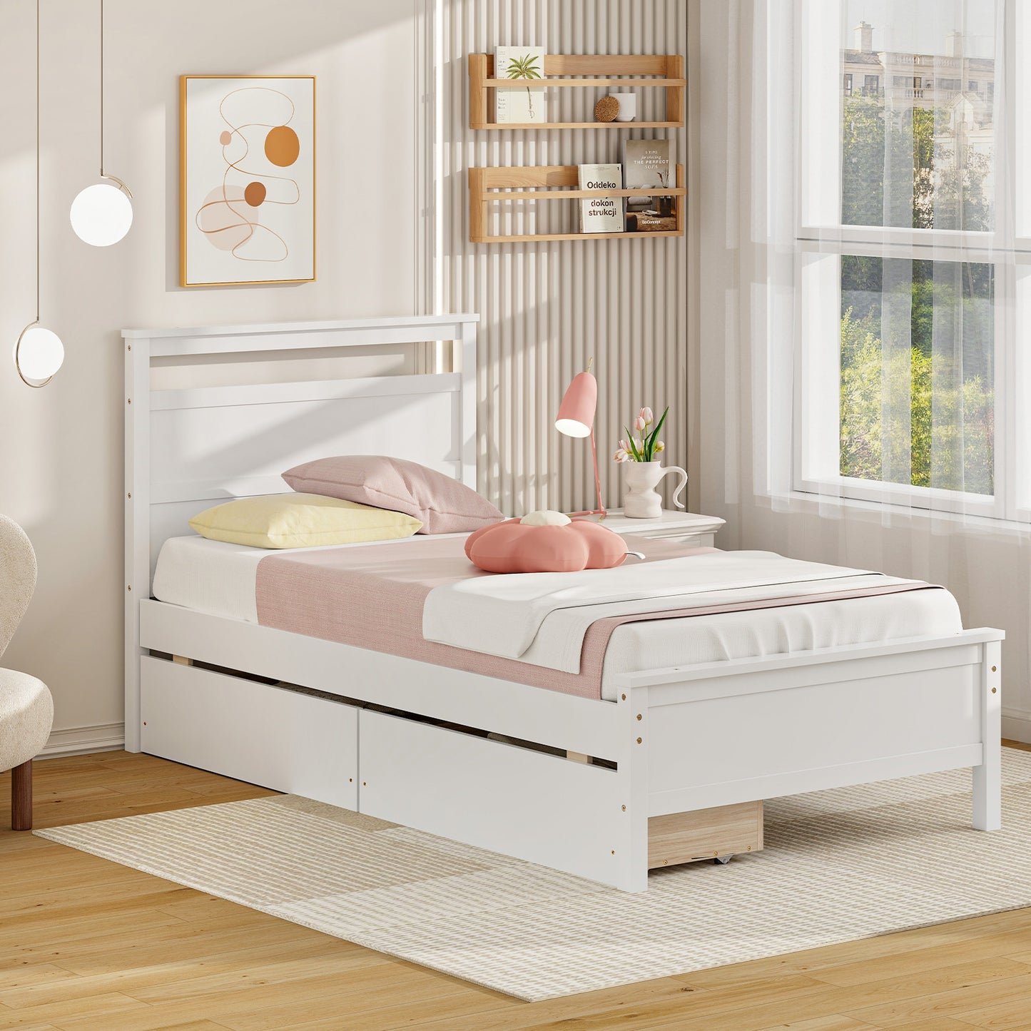 Twin Size Wooden Bed Frame with 2 Drawers for Teens and Adults-White Kids Crystal