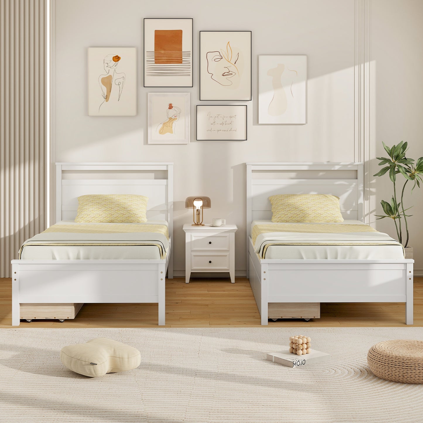 Twin Size Wooden Bed Frame with 2 Drawers for Teens and Adults-White Kids Crystal