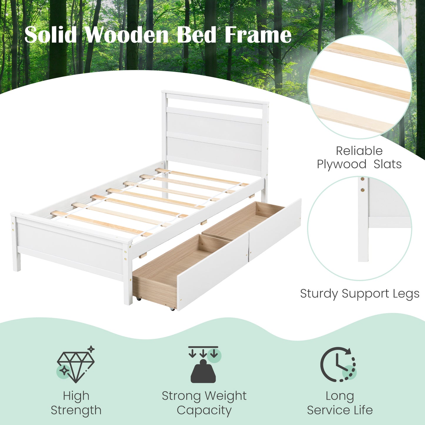 Twin Size Wooden Bed Frame with 2 Drawers for Teens and Adults-White Kids Crystal