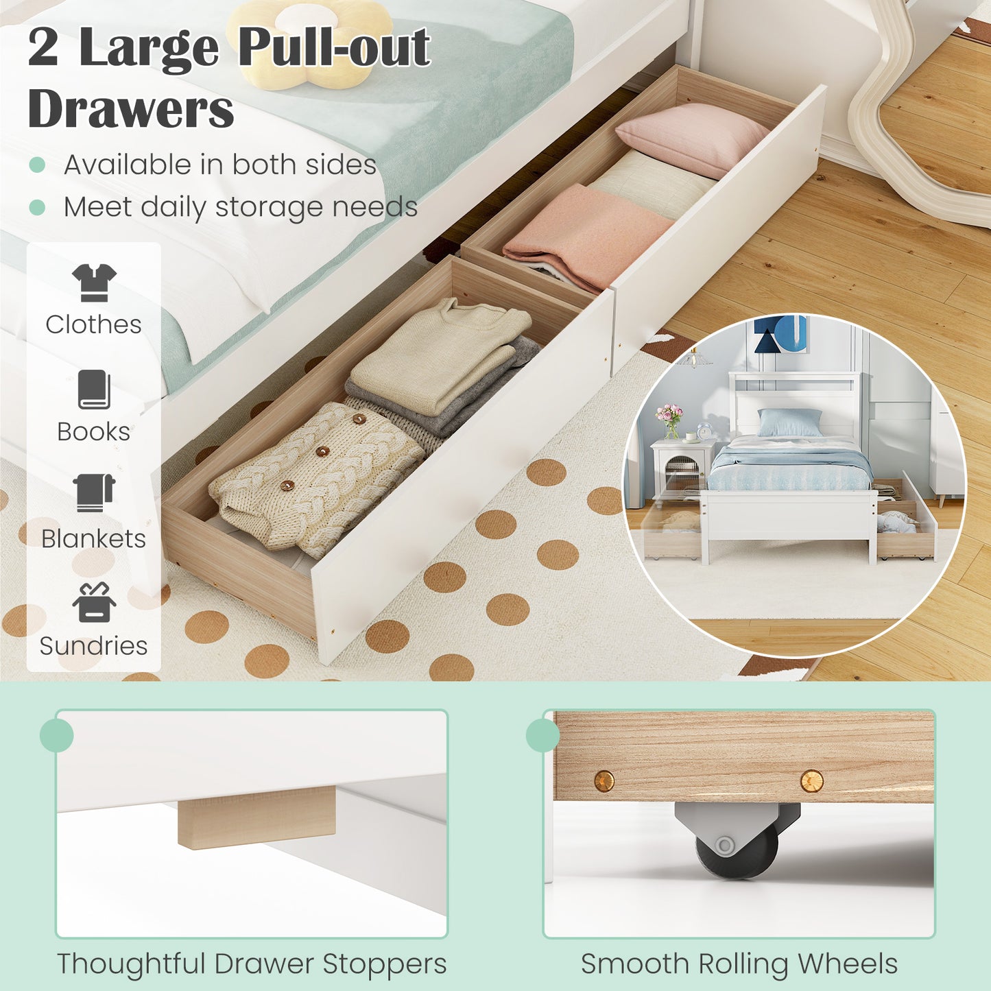Twin Size Wooden Bed Frame with 2 Drawers for Teens and Adults-White Kids Crystal