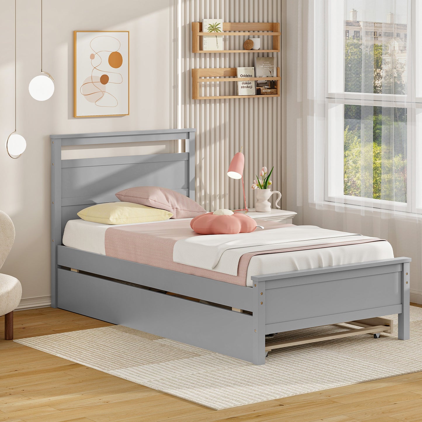 Twin Size Wooden Bed Frame with 2 Drawers for Teens and Adults-Gray Kids Crystal