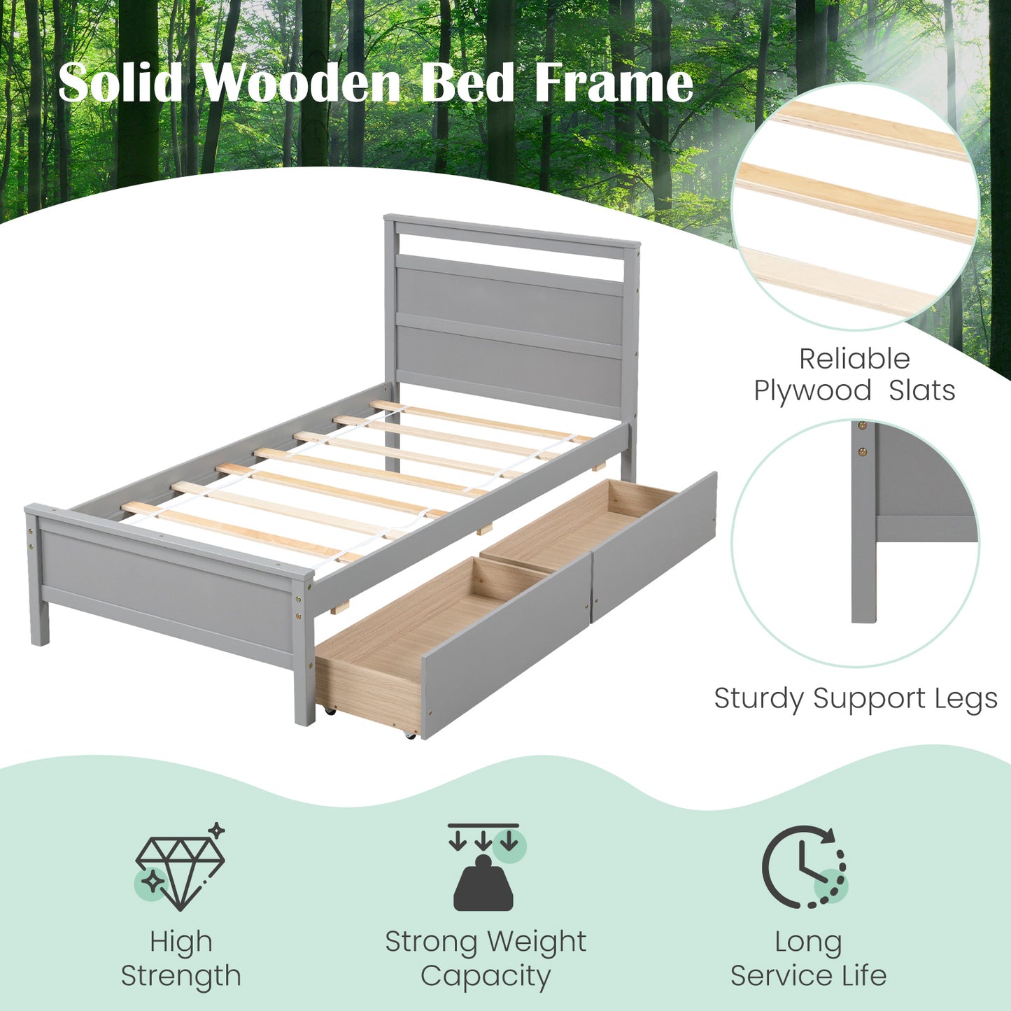 Twin Size Wooden Bed Frame with 2 Drawers for Teens and Adults-Gray Kids Crystal