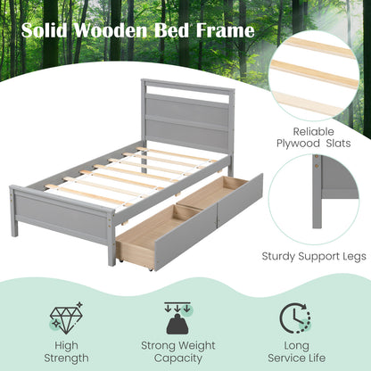 Twin Size Wooden Bed Frame with 2 Drawers for Teens and Adults-Gray