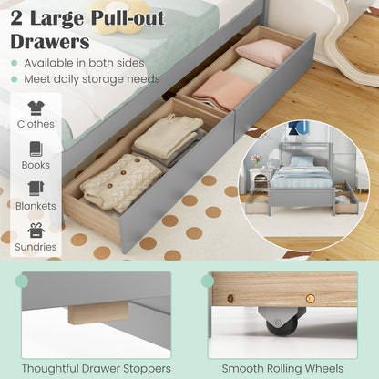 Twin Size Wooden Bed Frame with 2 Drawers for Teens and Adults-Gray