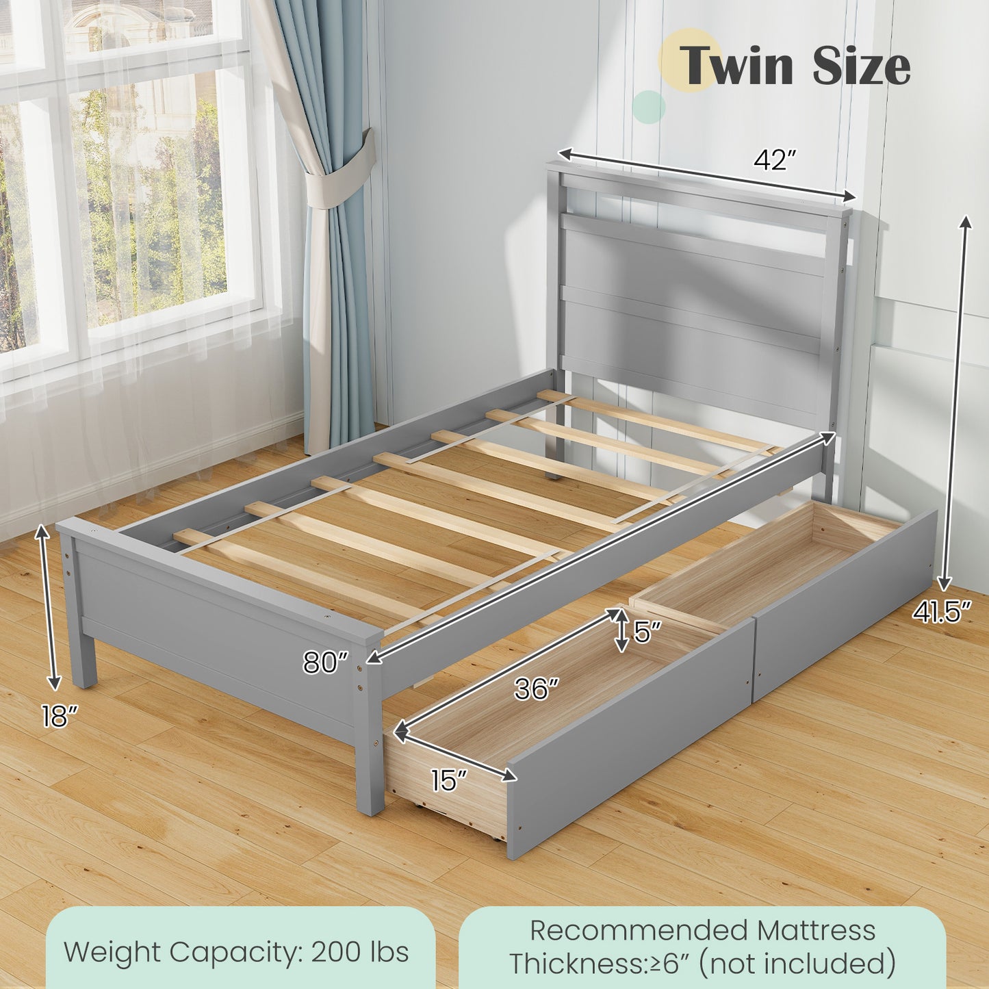 Twin Size Wooden Bed Frame with 2 Drawers for Teens and Adults-Gray Kids Crystal
