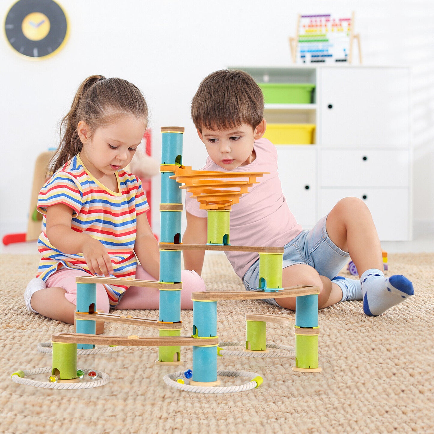 Bamboo Build Run Toy with Marbles for Kids Over 4 Kids Crystal
