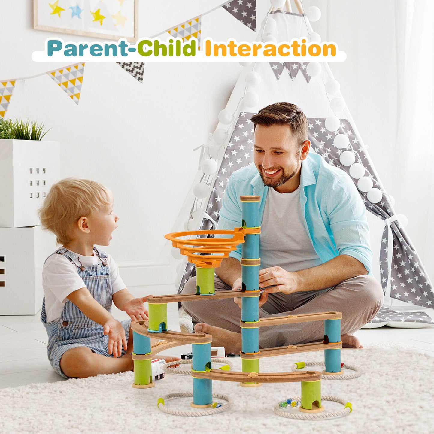 Bamboo Build Run Toy with Marbles for Kids Over 4 Kids Crystal