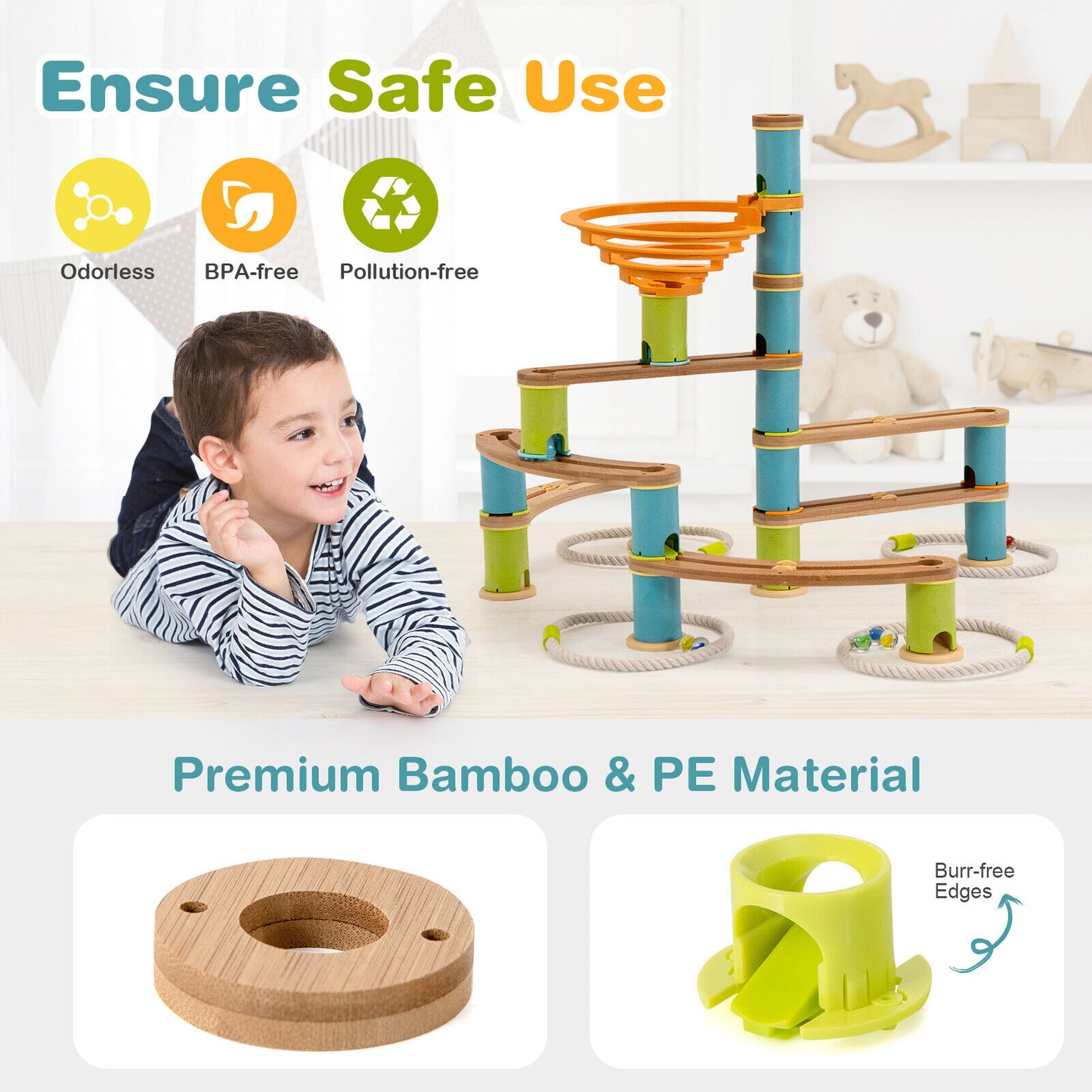 Bamboo Build Run Toy with Marbles for Kids Over 4 Kids Crystal