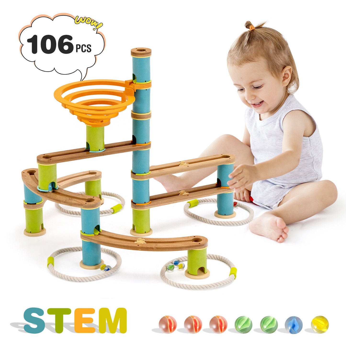 Bamboo Build Run Toy with Marbles for Kids Over 4 Kids Crystal