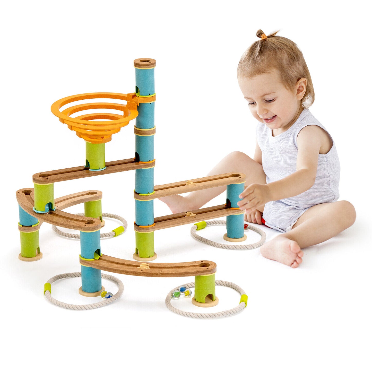 Bamboo Build Run Toy with Marbles for Kids Over 4 Kids Crystal