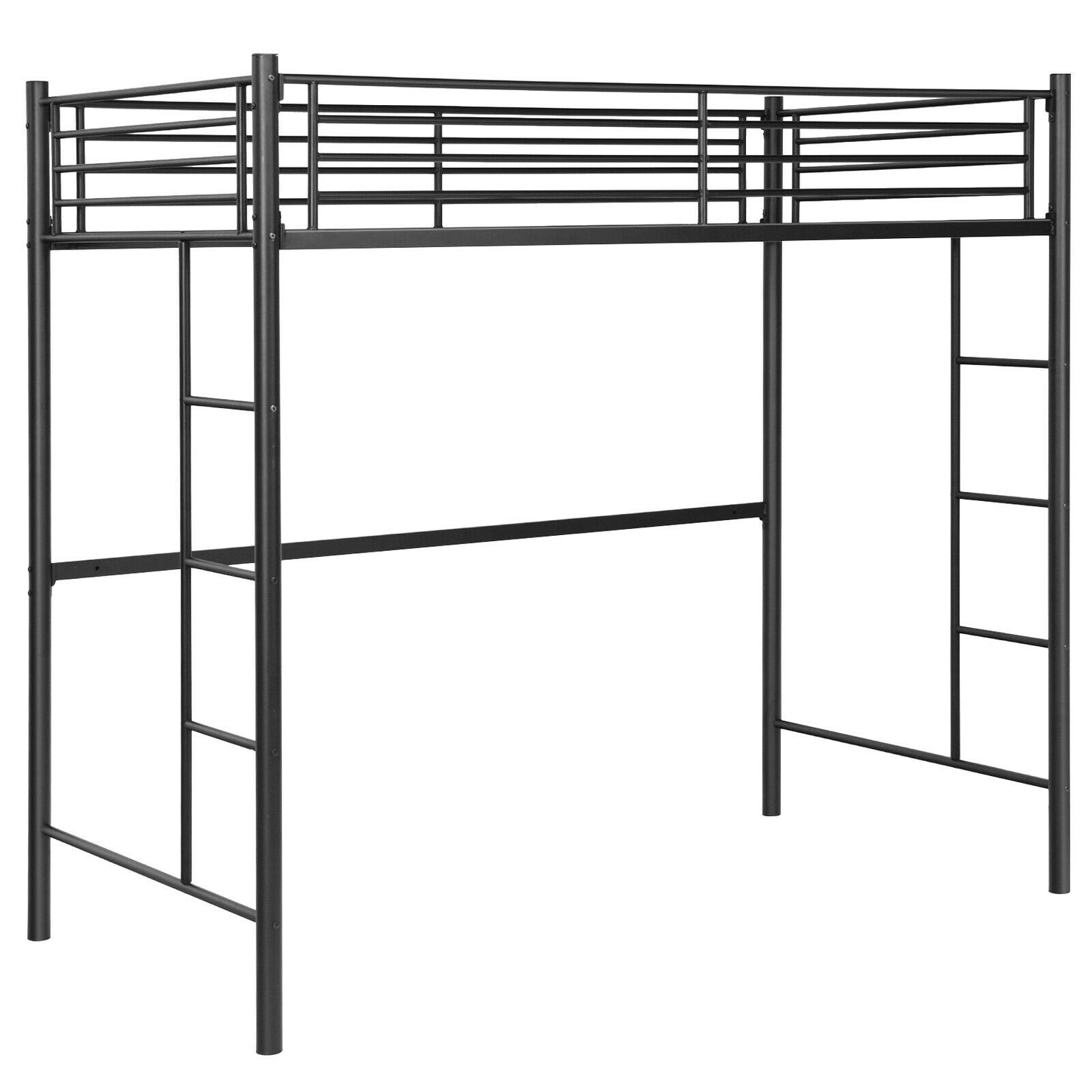Twin Loft Bed Frame with 2 Ladders Full-length Guardrail -Black Kids Crystal