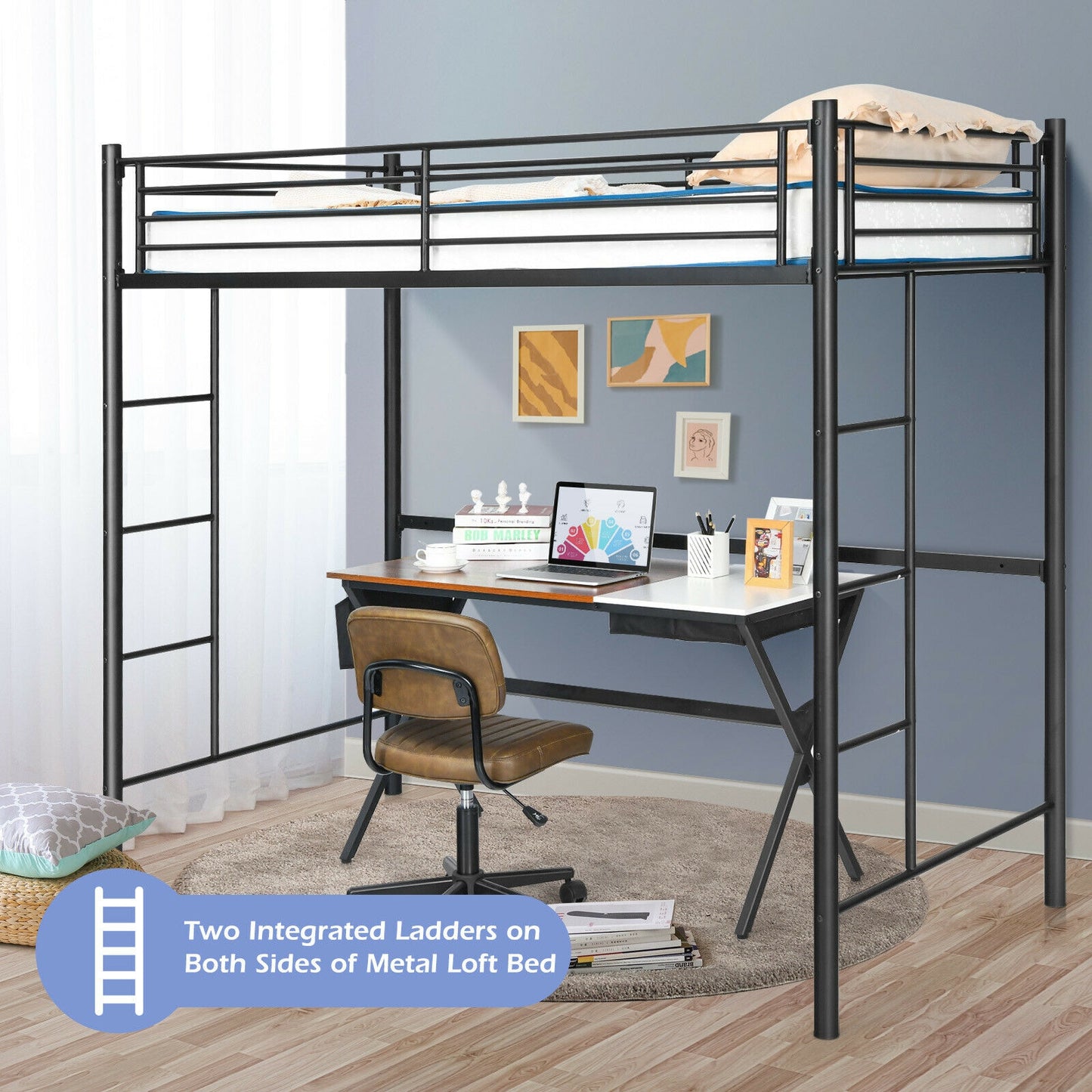 Twin Loft Bed Frame with 2 Ladders Full-length Guardrail -Black Kids Crystal
