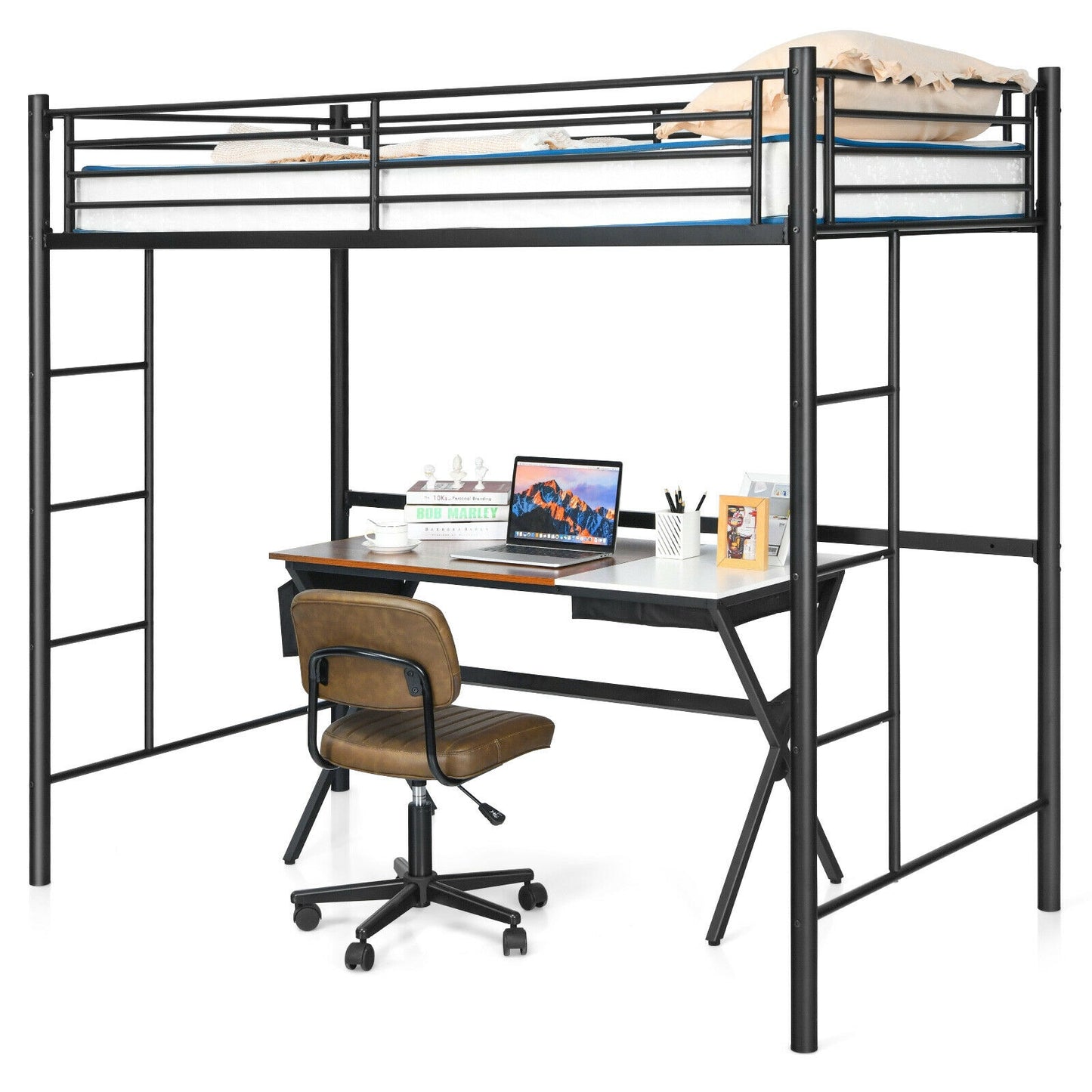 Twin Loft Bed Frame with 2 Ladders Full-length Guardrail -Black Kids Crystal