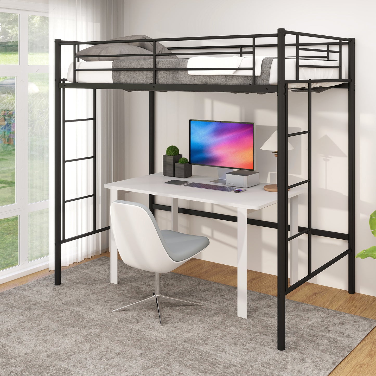 Twin Loft Bed Frame with 2 Ladders Full-length Guardrail -Black Kids Crystal