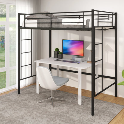 Twin Loft Bed Frame with 2 Ladders Full-length Guardrail -Black