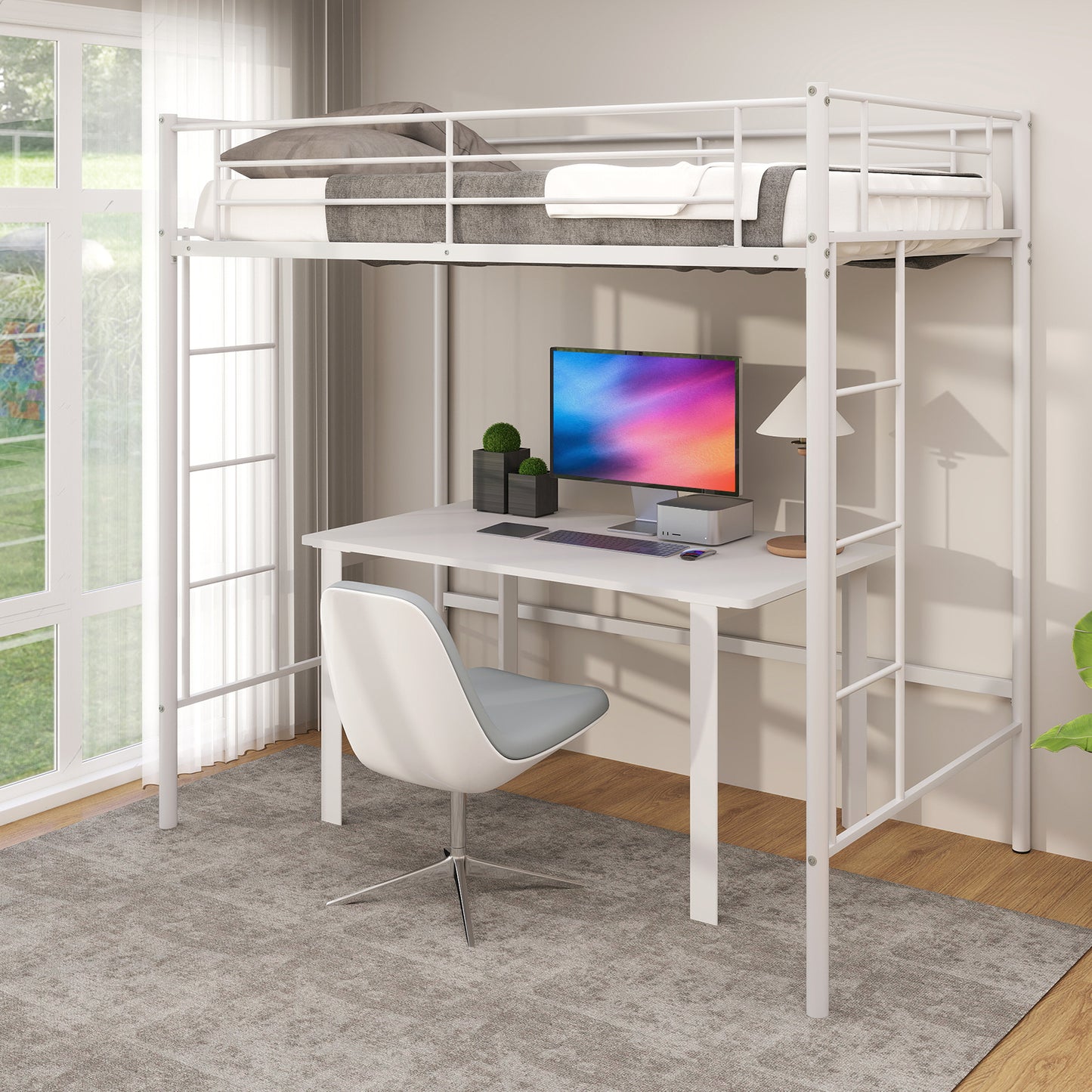 Twin Loft Bed Frame with 2 Ladders Full-length Guardrail -White Kids Crystal