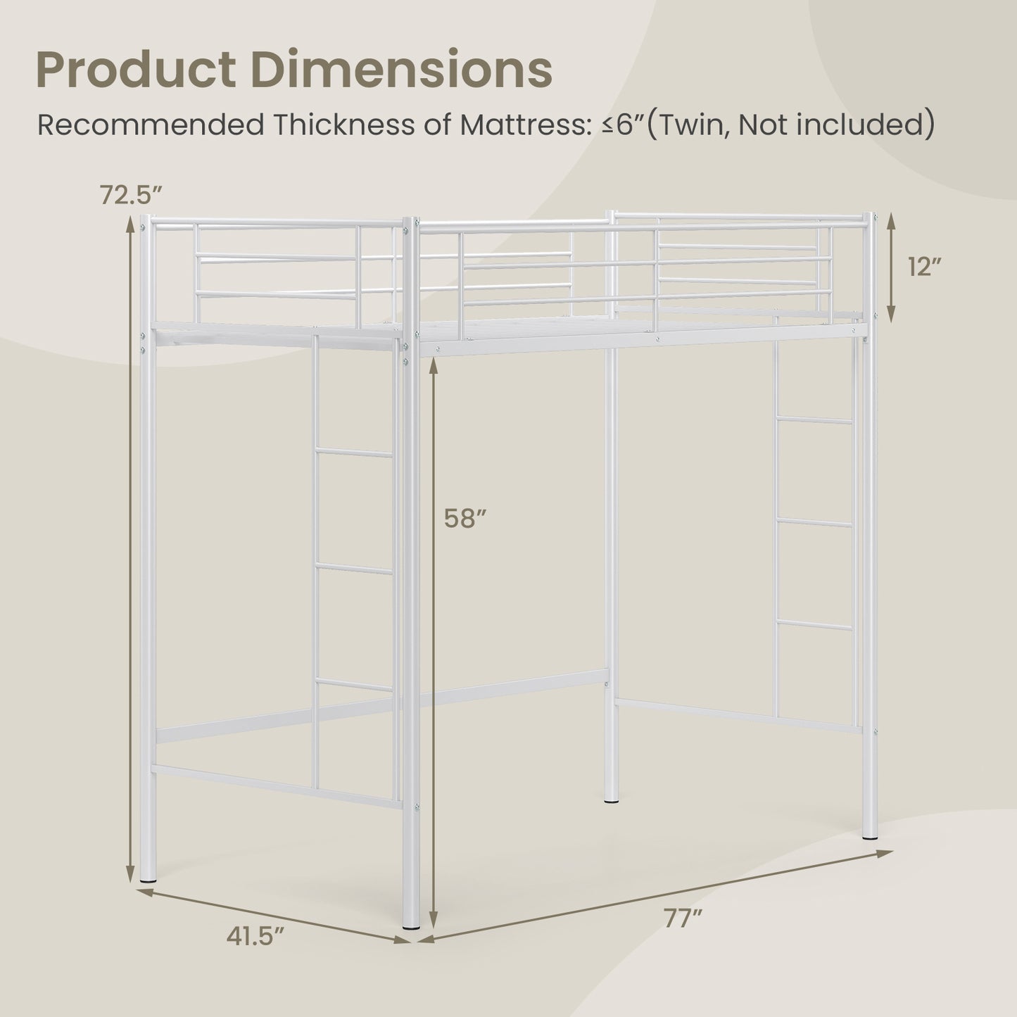 Twin Loft Bed Frame with 2 Ladders Full-length Guardrail -White Kids Crystal