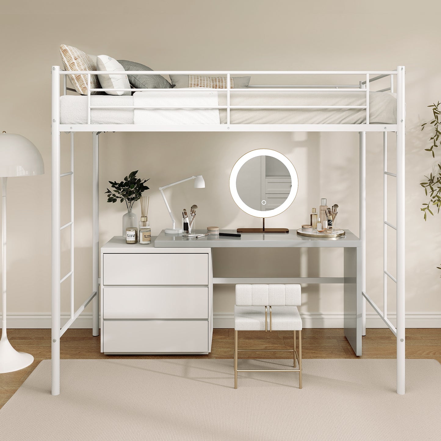 Twin Loft Bed Frame with 2 Ladders Full-length Guardrail -White Kids Crystal