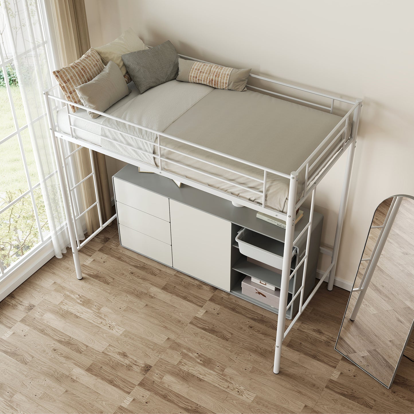 Twin Loft Bed Frame with 2 Ladders Full-length Guardrail -White Kids Crystal