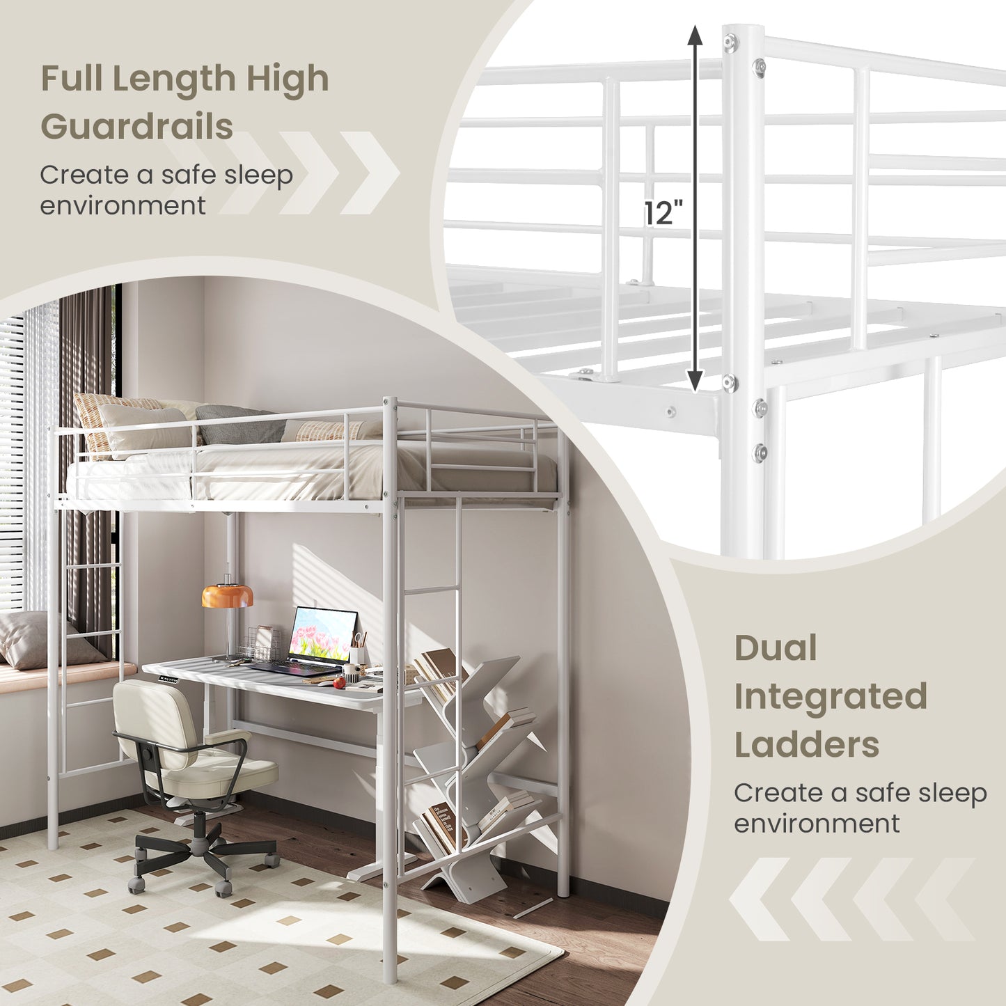 Twin Loft Bed Frame with 2 Ladders Full-length Guardrail -White Kids Crystal