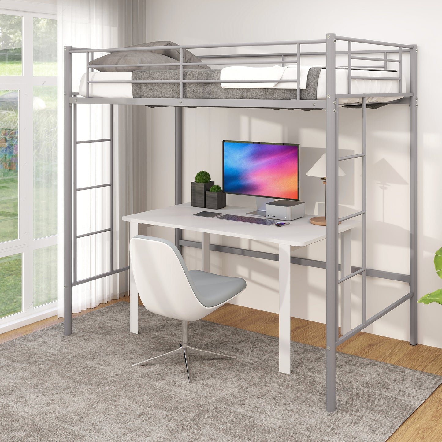 Twin Loft Bed Frame with 2 Ladders Full-length Guardrail-Silver Kids Crystal