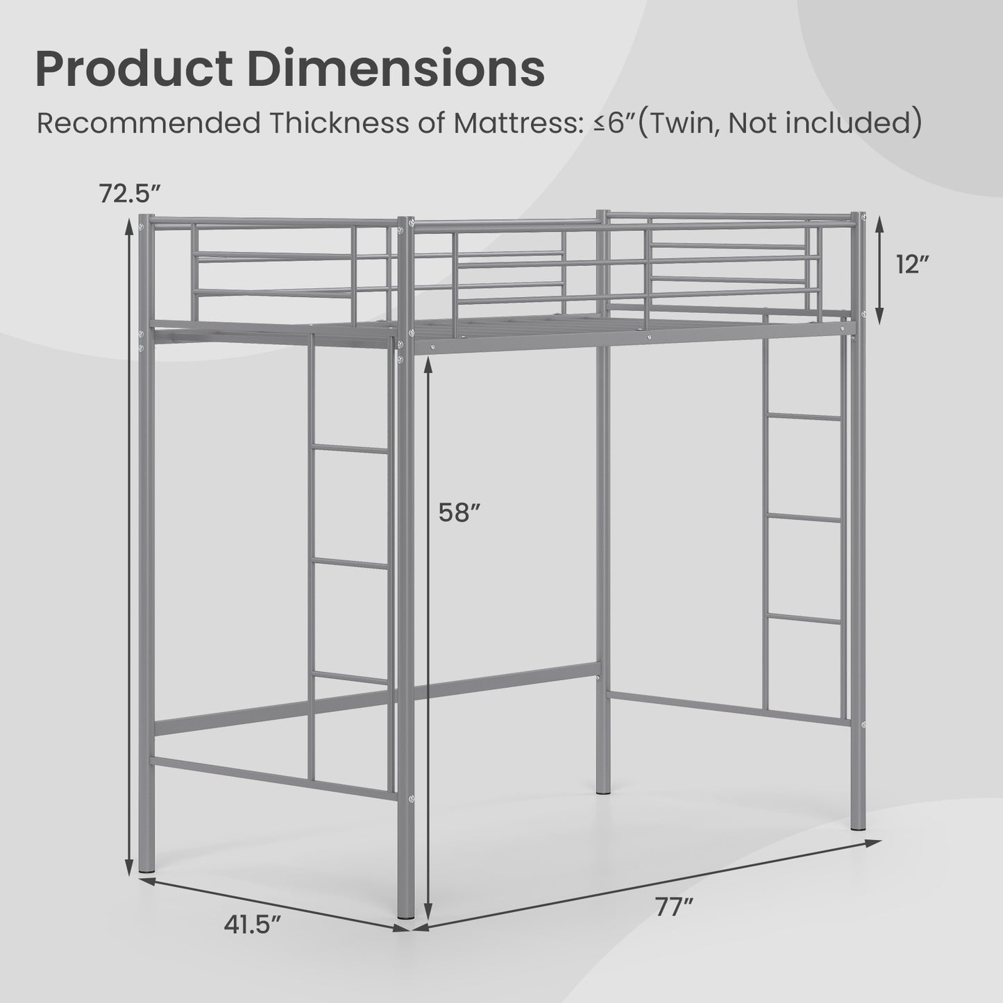 Twin Loft Bed Frame with 2 Ladders Full-length Guardrail-Silver Kids Crystal