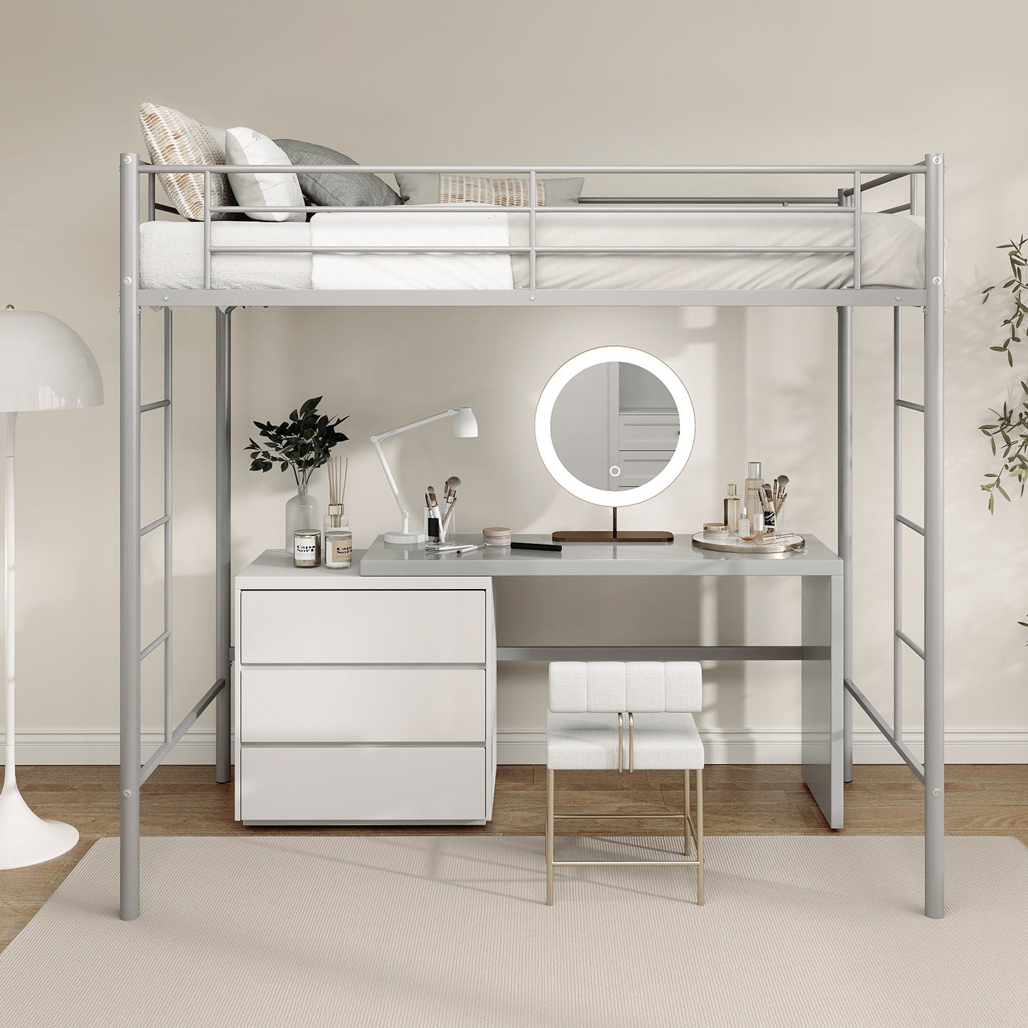 Twin Loft Bed Frame with 2 Ladders Full-length Guardrail-Silver Kids Crystal