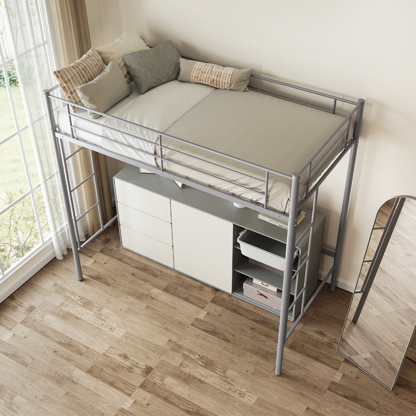 Twin Loft Bed Frame with 2 Ladders Full-length Guardrail-Silver Kids Crystal