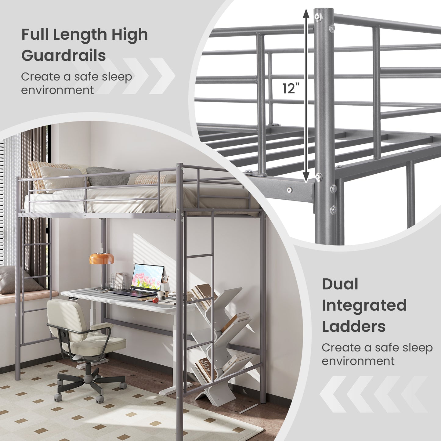 Twin Loft Bed Frame with 2 Ladders Full-length Guardrail-Silver Kids Crystal