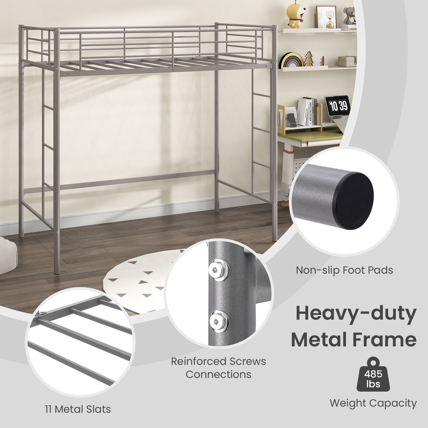 Twin Loft Bed Frame with 2 Ladders Full-length Guardrail-Silver Kids Crystal