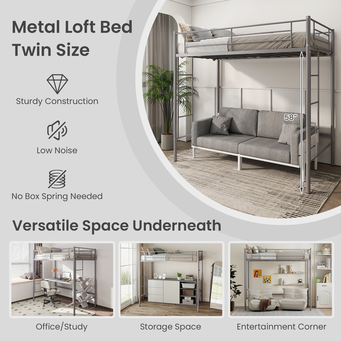 Twin Loft Bed Frame with 2 Ladders Full-length Guardrail-Silver Kids Crystal