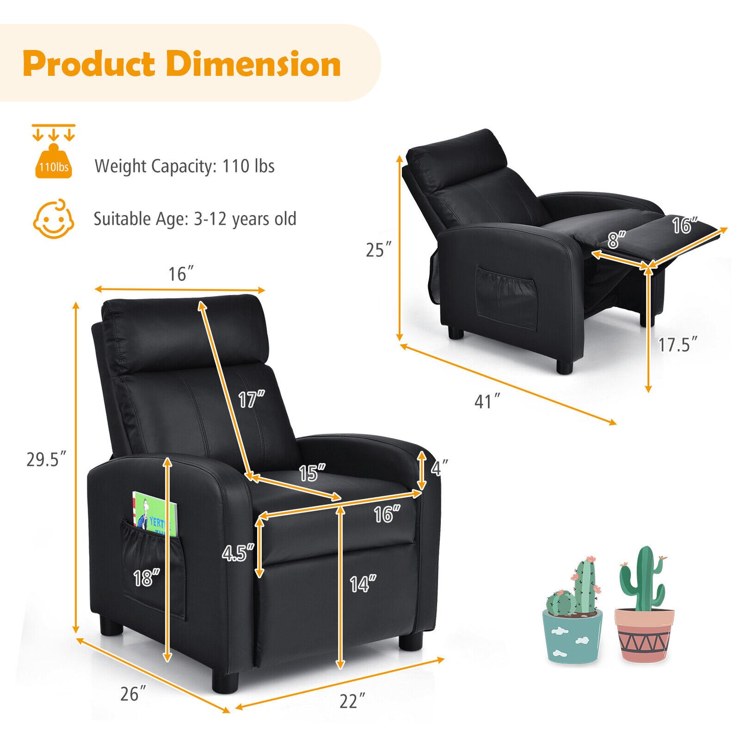 Ergonomic PU Leather Kids Recliner Lounge Sofa for 3-12 Age Group-Black Kids Crystal