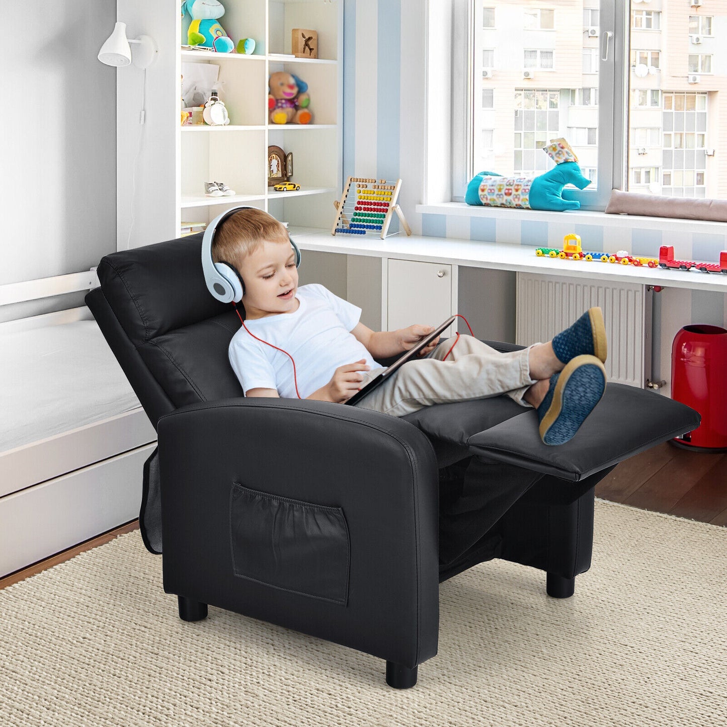 Ergonomic PU Leather Kids Recliner Lounge Sofa for 3-12 Age Group-Black Kids Crystal