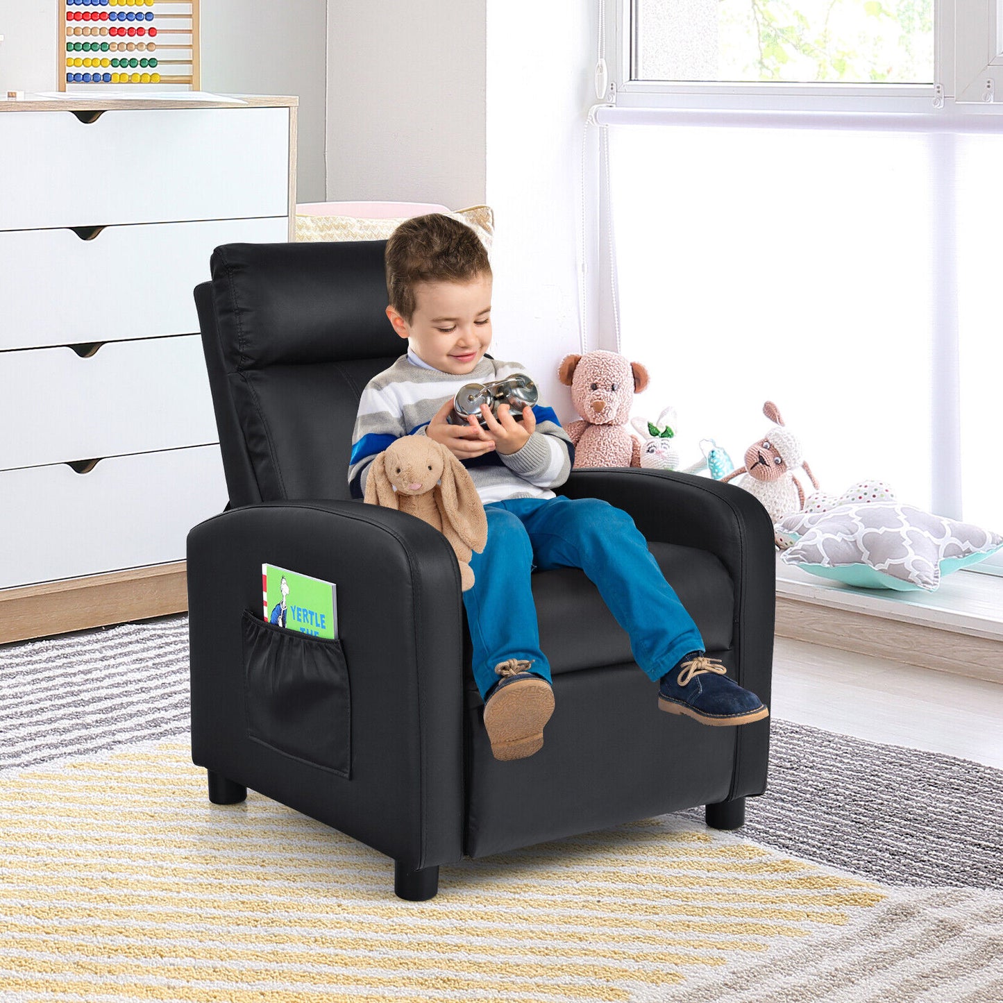 Ergonomic PU Leather Kids Recliner Lounge Sofa for 3-12 Age Group-Black Kids Crystal