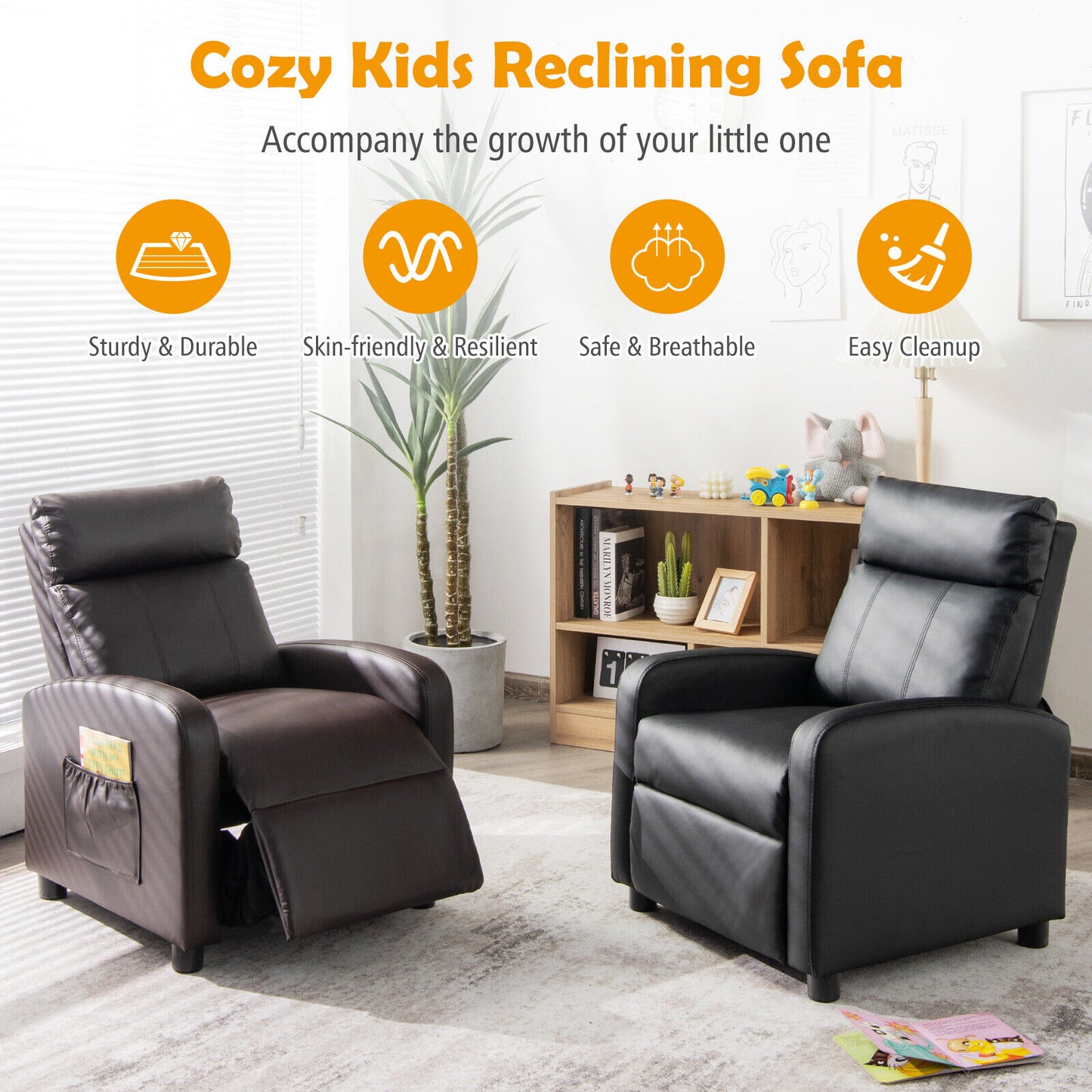 Ergonomic PU Leather Kids Recliner Lounge Sofa for 3-12 Age Group-Black Kids Crystal