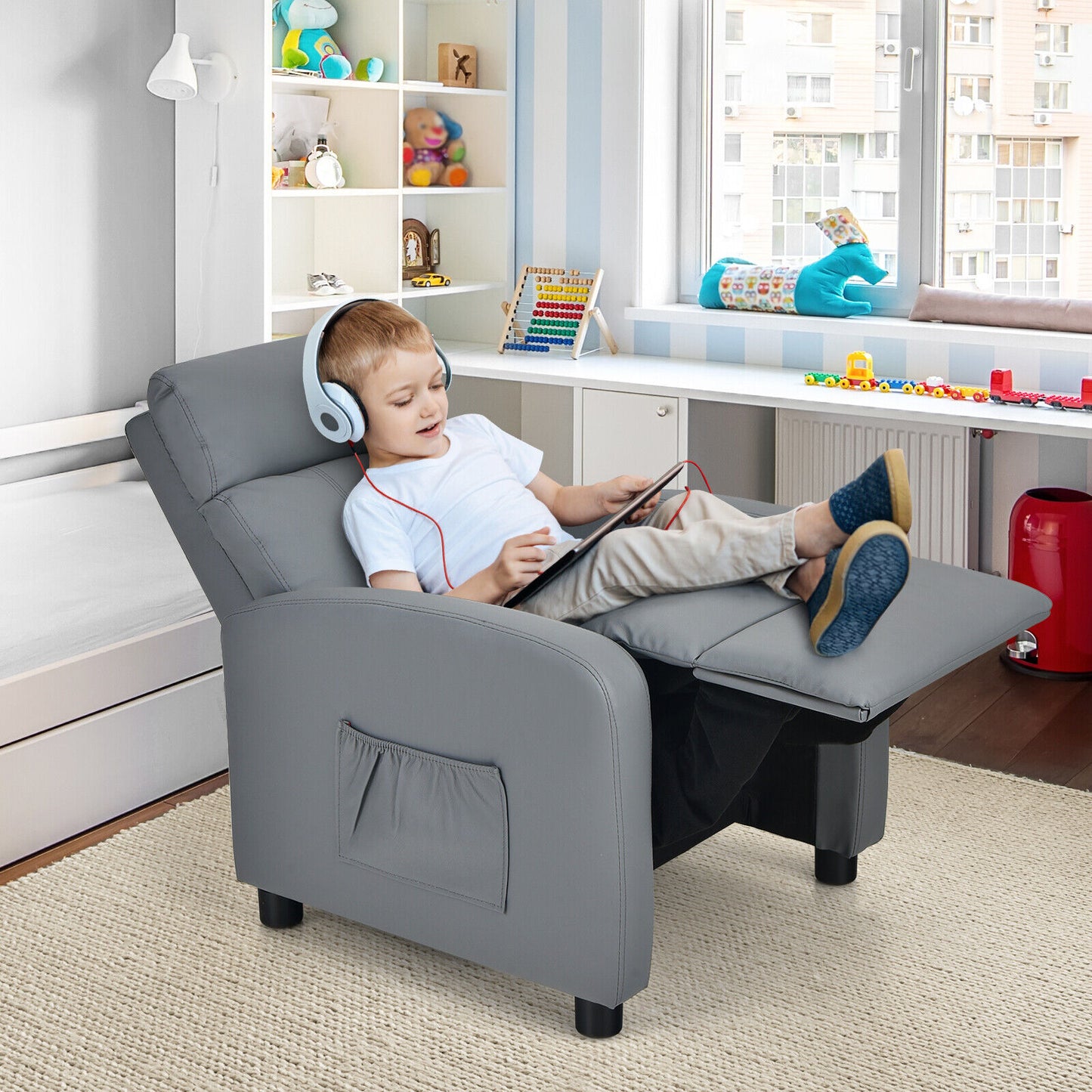 Ergonomic PU Leather Kids Recliner Lounge Sofa for 3-12 Age Group-Gray Kids Crystal