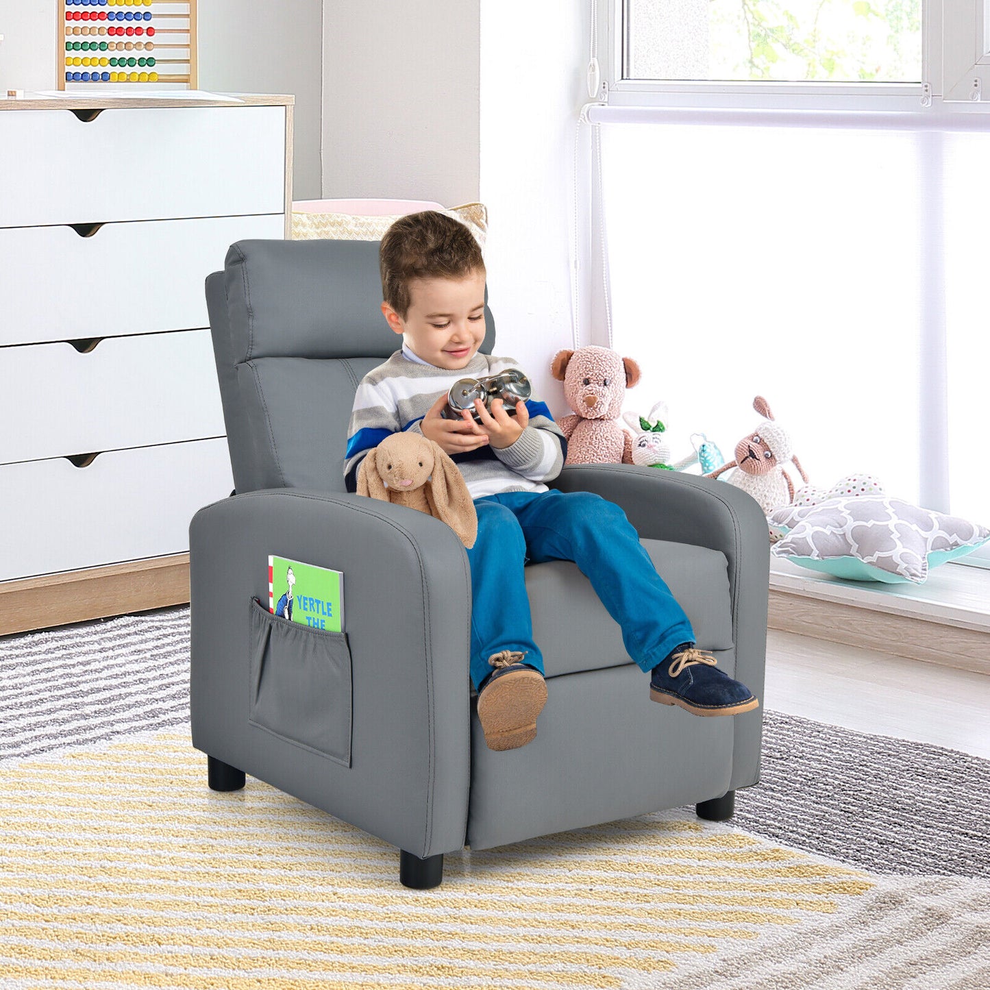Ergonomic PU Leather Kids Recliner Lounge Sofa for 3-12 Age Group-Gray Kids Crystal