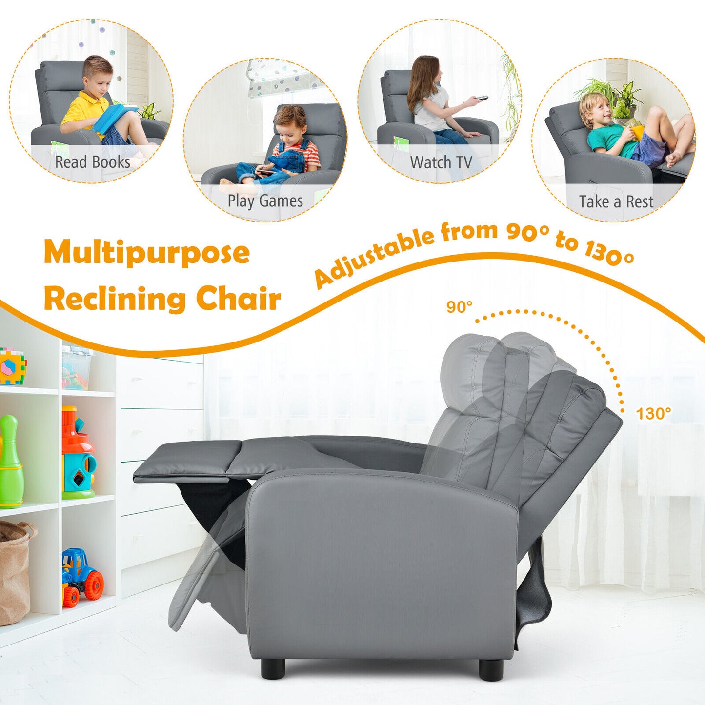 Ergonomic PU Leather Kids Recliner Lounge Sofa for 3-12 Age Group-Gray Kids Crystal