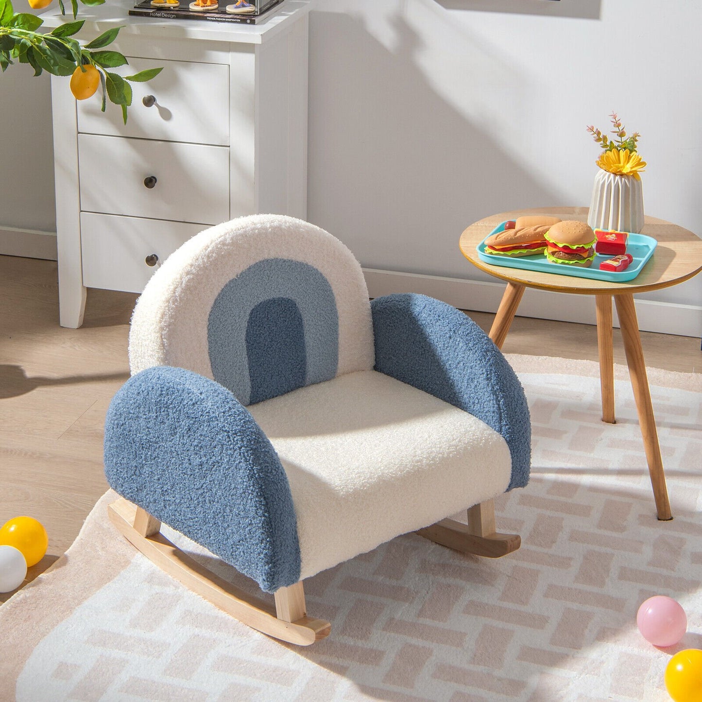 Kids Rocking Chair Children Velvet Upholstered Sofa with Solid Wood Legs-Blue Kids Crystal