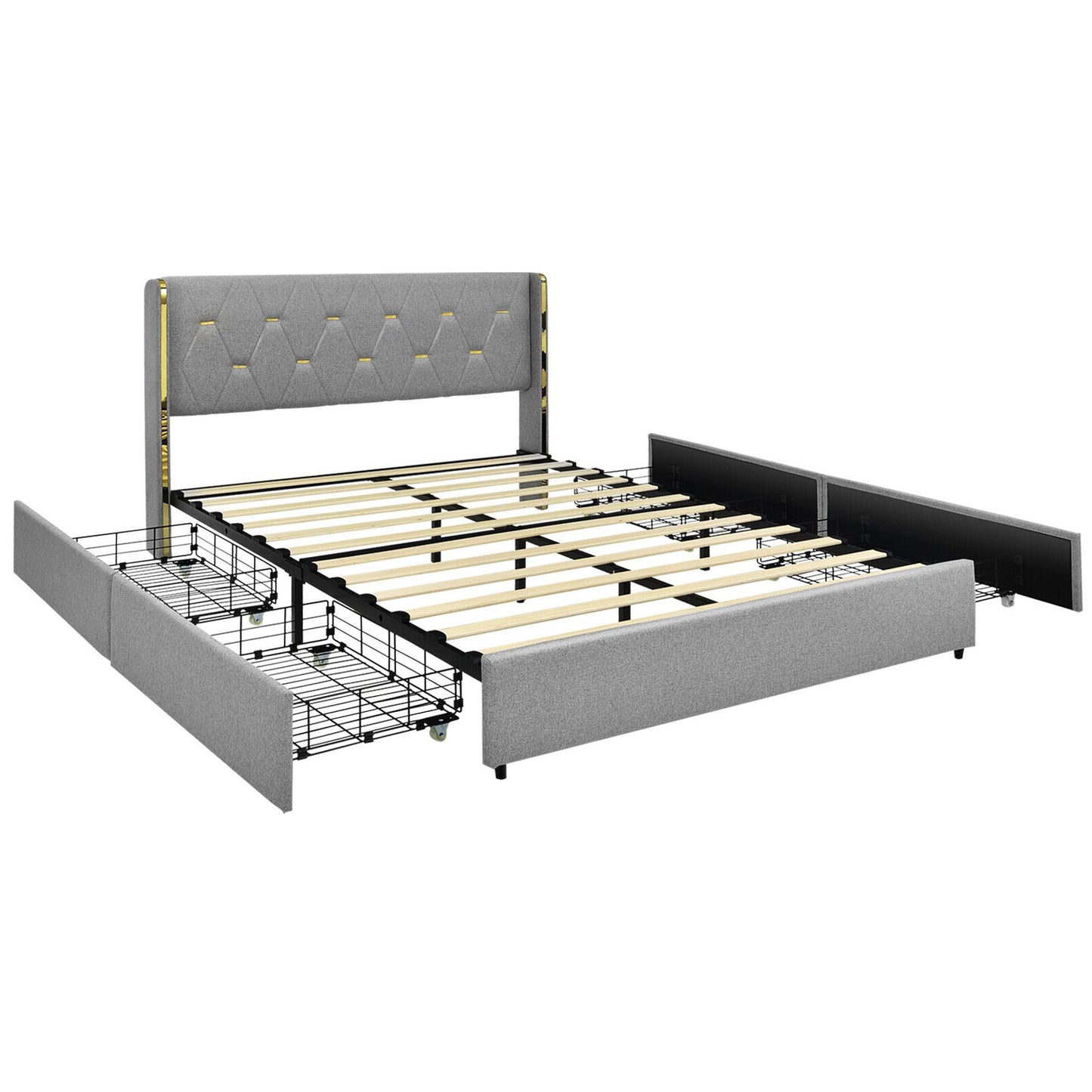Full/Queen Size Upholstered Bed Frame with 4 Drawers-Silver-Full Size Kids Crystal