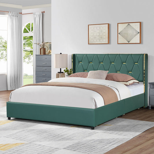 Full/Queen Size Upholstered Bed Frame with 4 Drawers-Green-Full Size Kids Crystal
