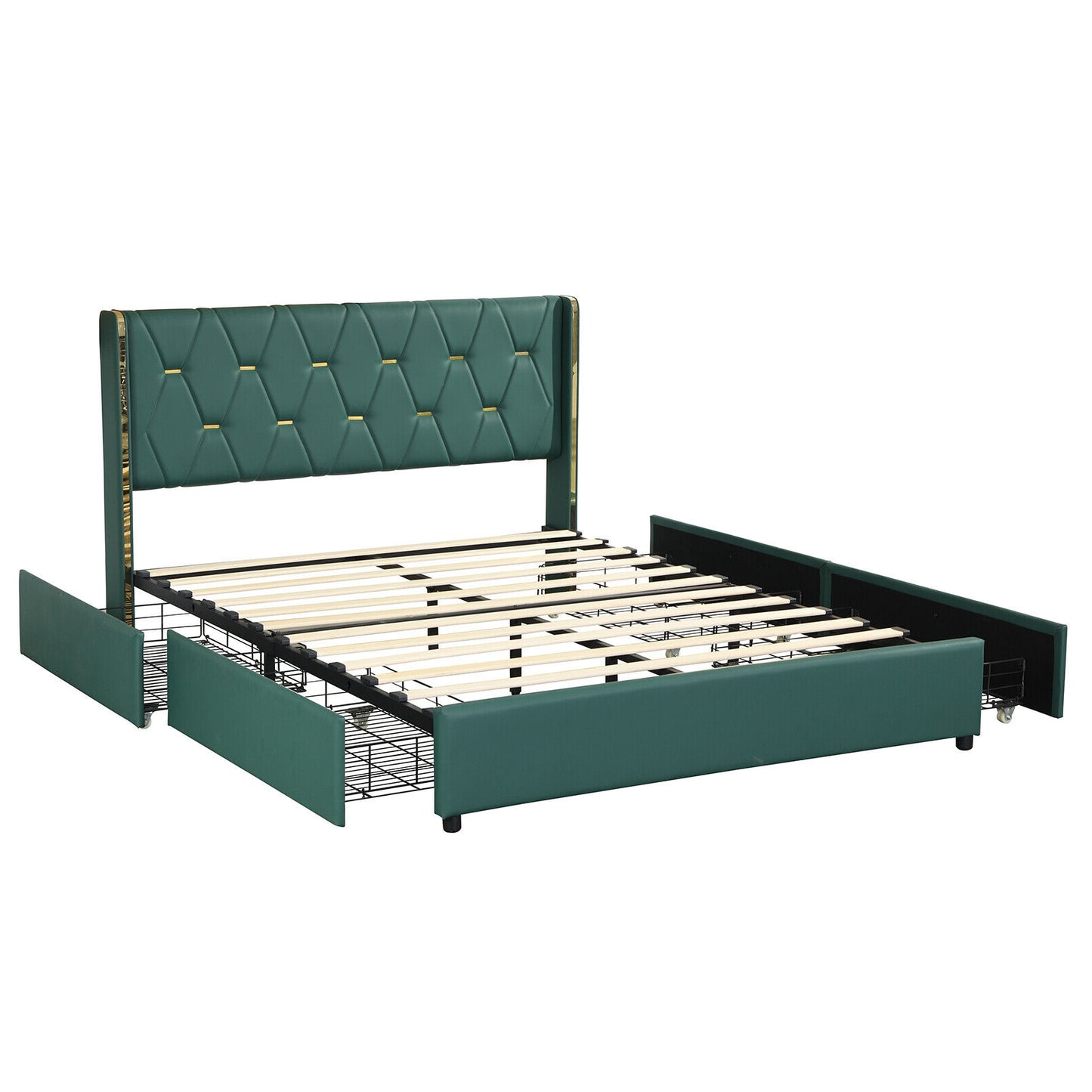 Full/Queen Size Upholstered Bed Frame with 4 Drawers-Green-Full Size Kids Crystal