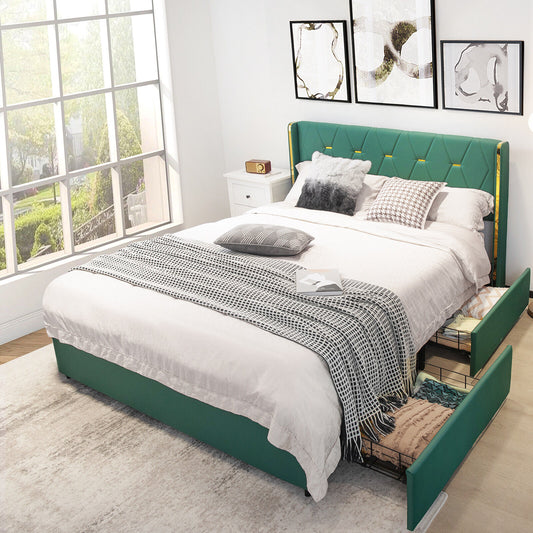 Full/Queen Size Upholstered Bed Frame with 4 Drawers-Green-Queen Size Kids Crystal