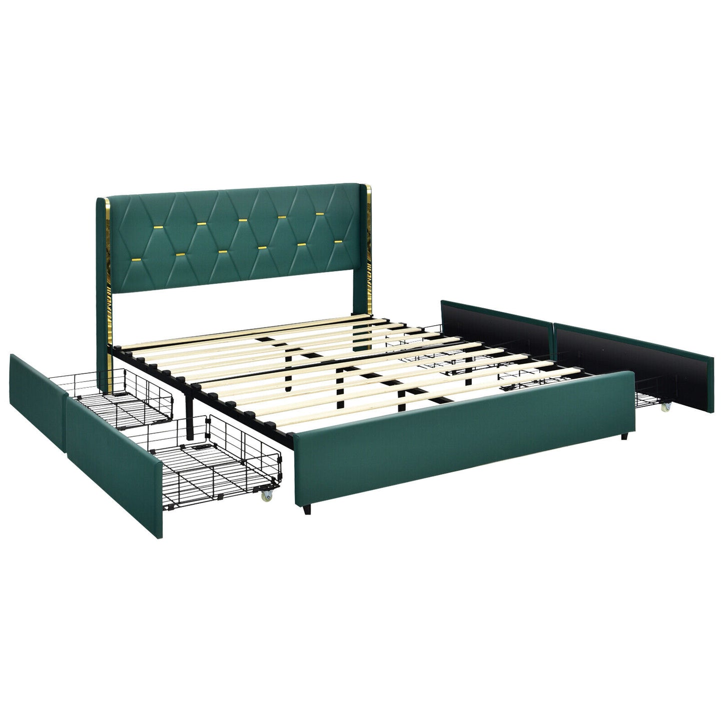 Full/Queen Size Upholstered Bed Frame with 4 Drawers-Green-Queen Size Kids Crystal
