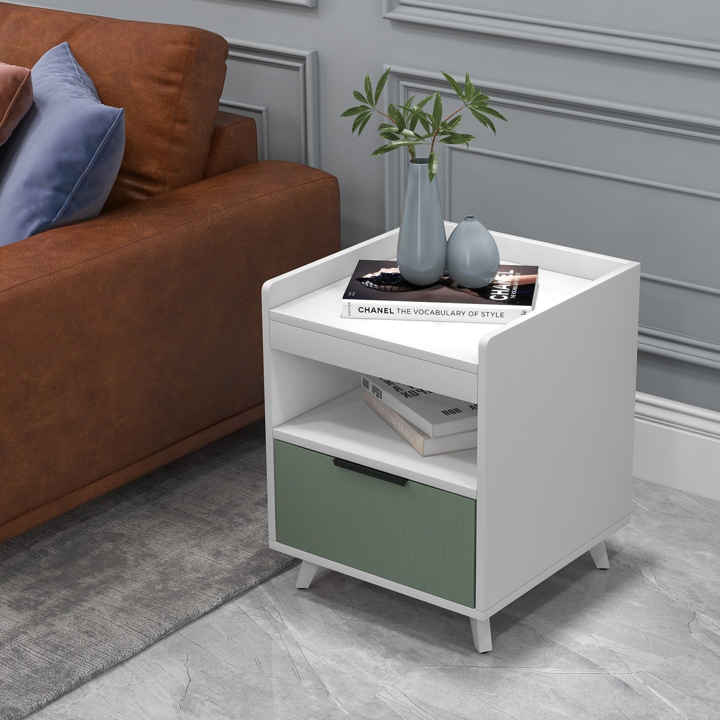 Modern Nightstand with LED Lights Sliding Drawer and Open Compartment-White Kids Crystal