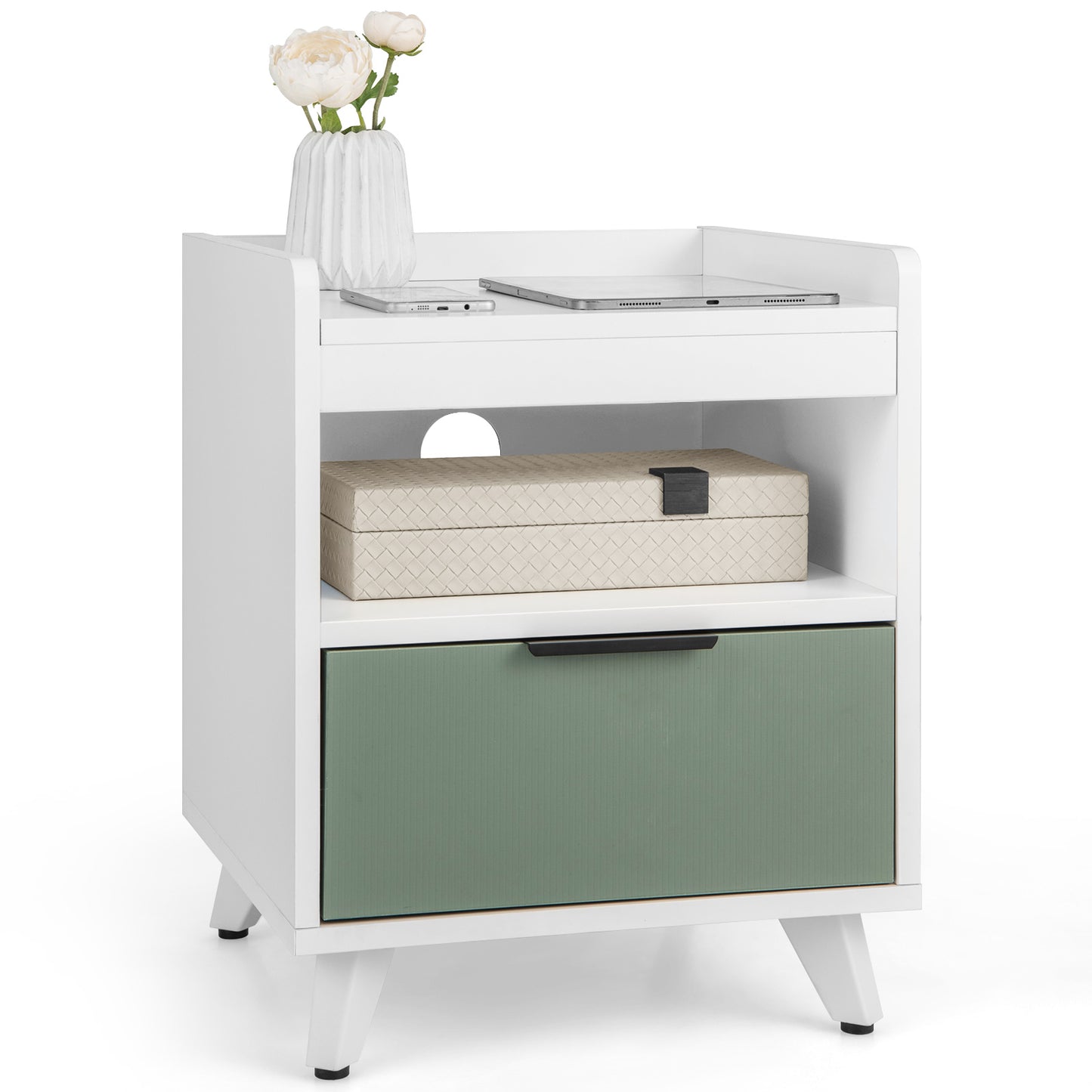 Modern Nightstand with LED Lights Sliding Drawer and Open Compartment-White Kids Crystal