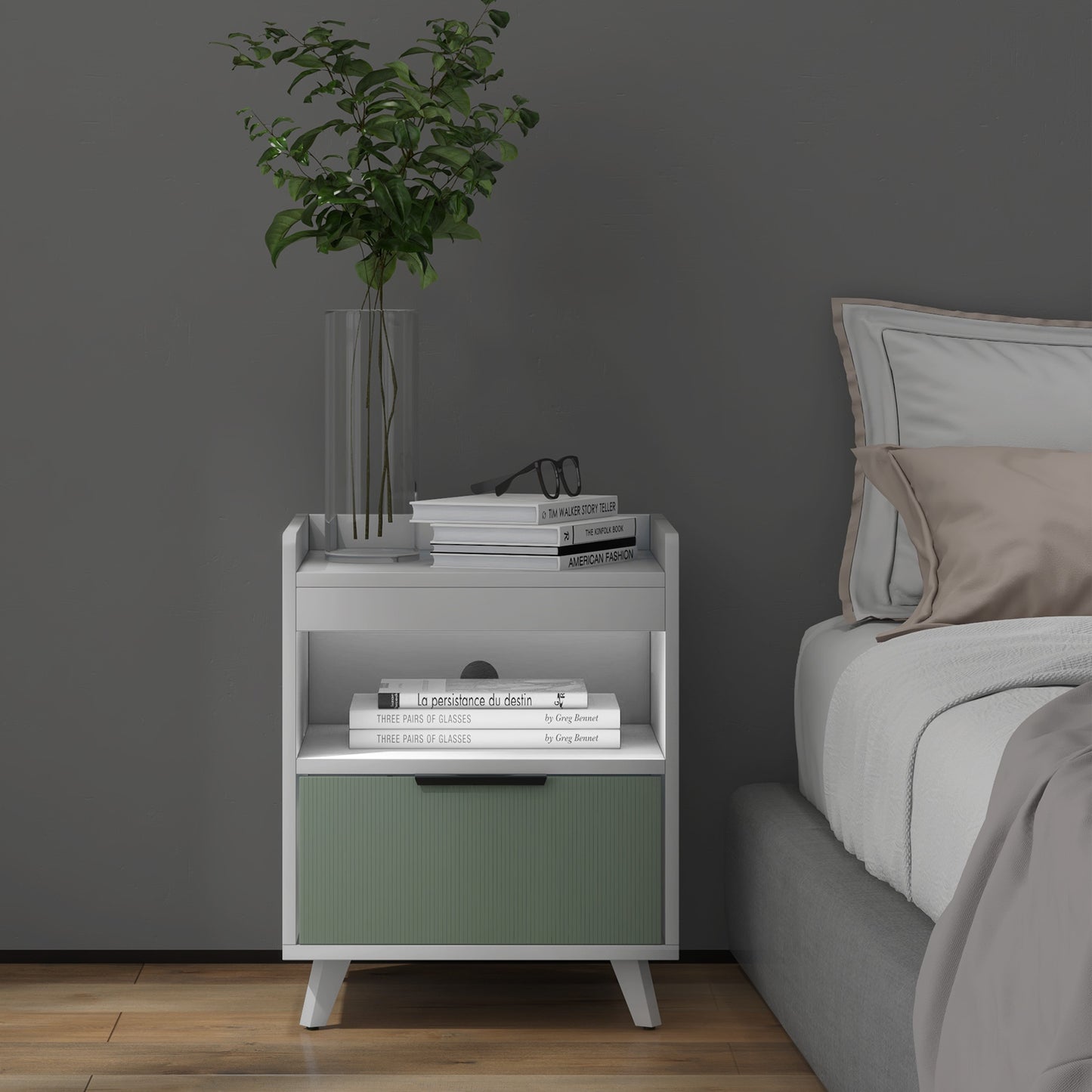 Modern Nightstand with LED Lights Sliding Drawer and Open Compartment-White Kids Crystal
