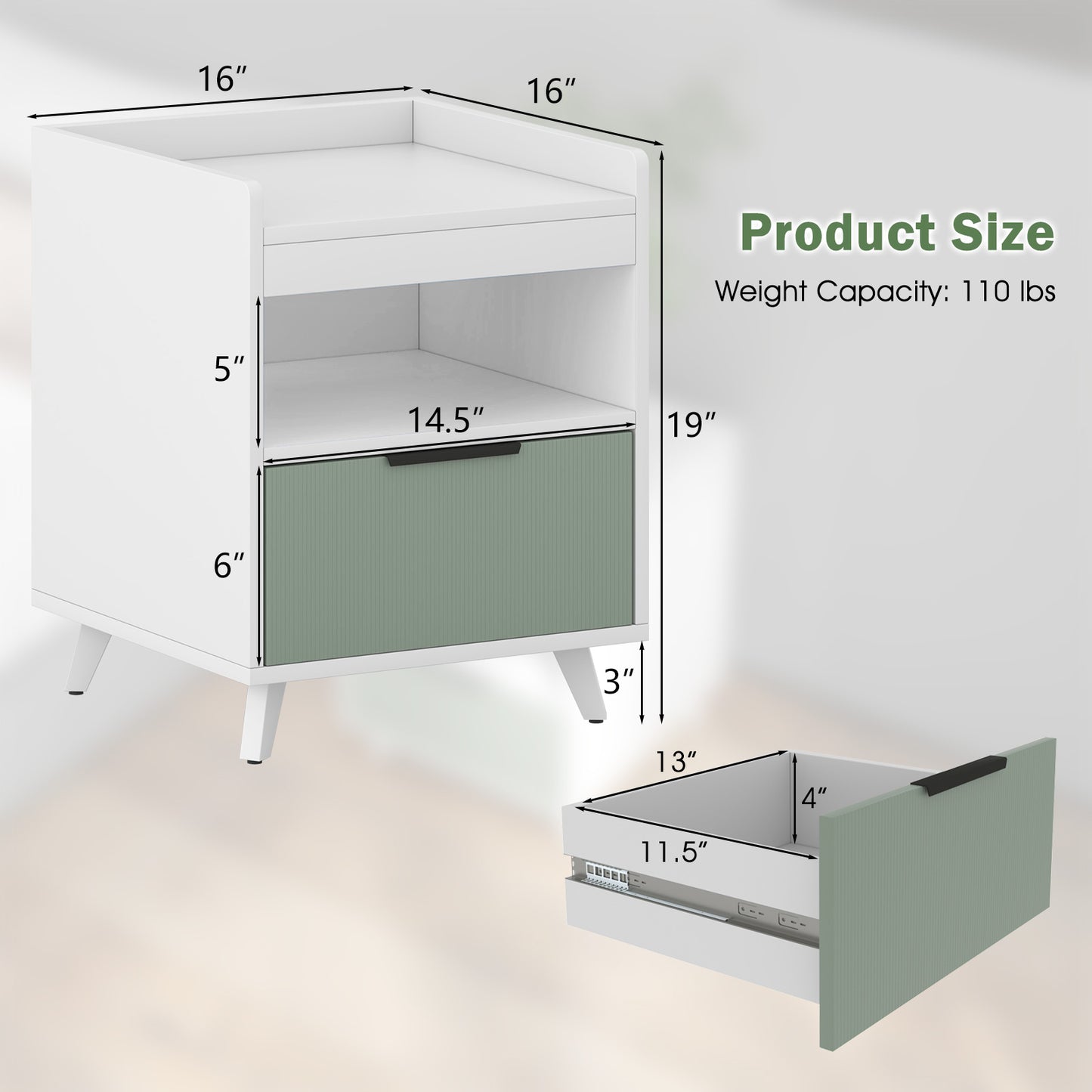 Modern Nightstand with LED Lights Sliding Drawer and Open Compartment-White Kids Crystal