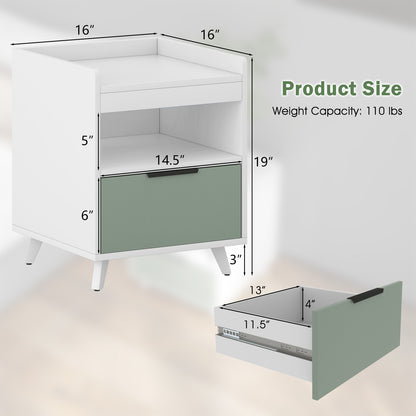 Modern Nightstand with LED Lights Sliding Drawer and Open Compartment-White